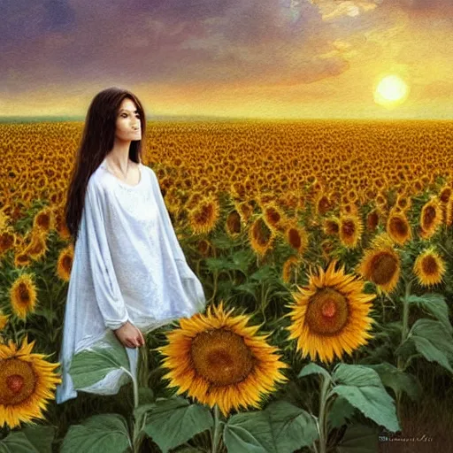 Image similar to Bedsheet Ghost in a field of sunflowers, sunset, Watercolor, photorealistic, high resolution, award winning, trending on artstation, olive skin, long dark hair, beautiful bone structure, intricate, elegant, highly detailed, digital painting, artstation, concept art, smooth, sharp focus, illustration, art by artgerm and greg rutkowski and alphonse mucha