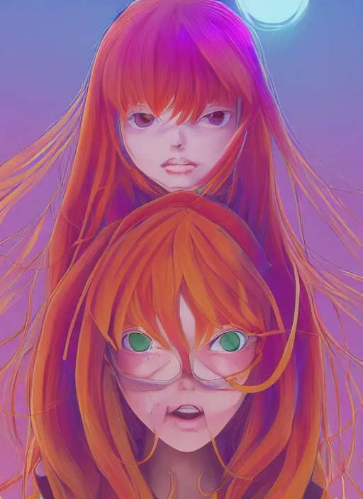 Image similar to a beautiful ultra detailed line art illustration of asuka langley souryuu, centered, by dan mumford and moebius and beeple, trending on artstation, pastel color, dim dusk lighting, cinematic lighting, detailed lighting, volumetric lighting, realistic, f 8, 4 k hd wallpaper, poster, yellow and purple color scheme