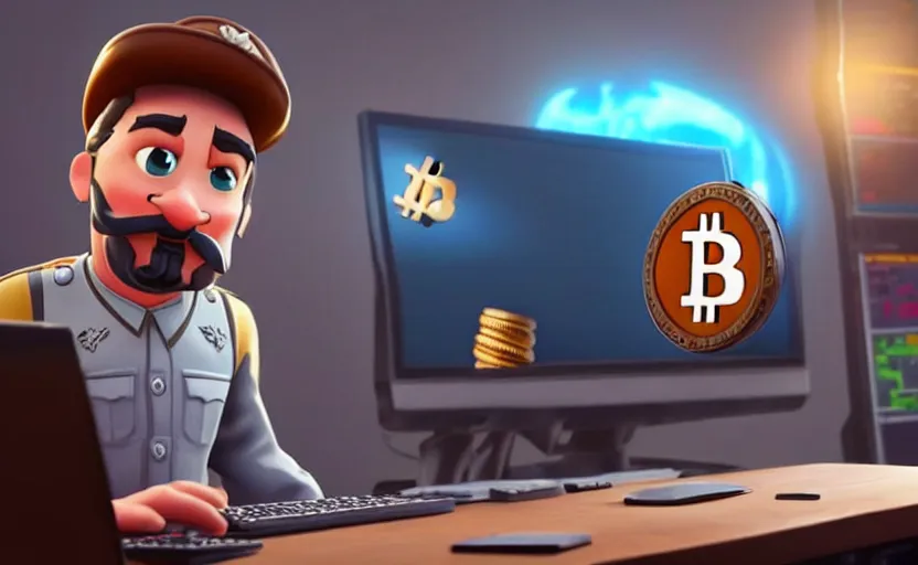 Prompt: very cute angry realistic josef stalin trading bitcoin in front of computer, disney pixar character concept artwork, 3 d concept, fortnite character, high detail iconic character for upcoming film, 8 k octane render