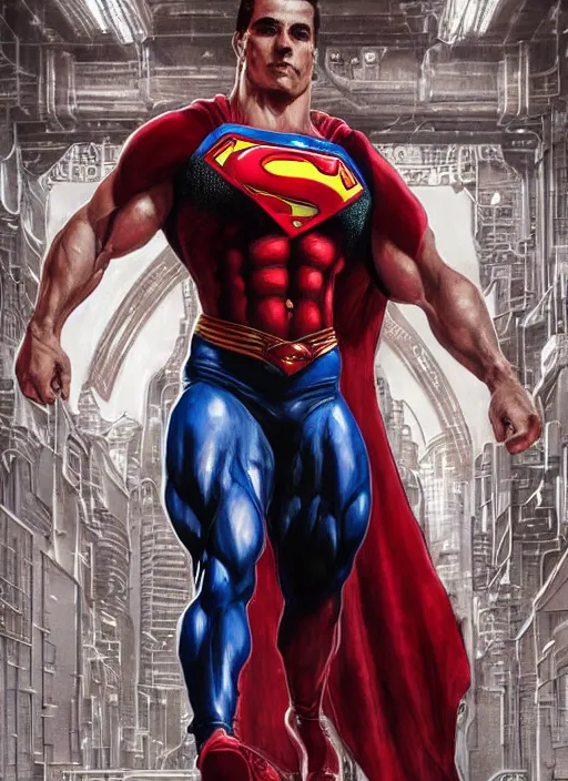 Image similar to portrait of crossfit bodybuilder fitness sprinter superman!, futuristic detailed ornate cyberpunk costume!, red and black costume!!!, pale skin!, no logo!!!, painted art by tsuyoshi nagano, greg rutkowski, artgerm, alphonse mucha, spike painting