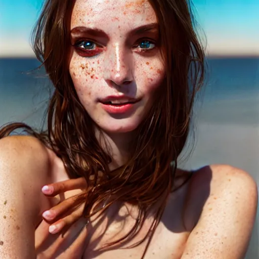 Image similar to portrait of a cute thin young woman, bronze brown hair, eye color is emerald green, red blush, cute freckles, smug smile, modern clothes, relaxing on the beach, golden hour, close up shot, 8 k, art by irakli nadar, hyperrealism, hyperdetailed, ultra realistic