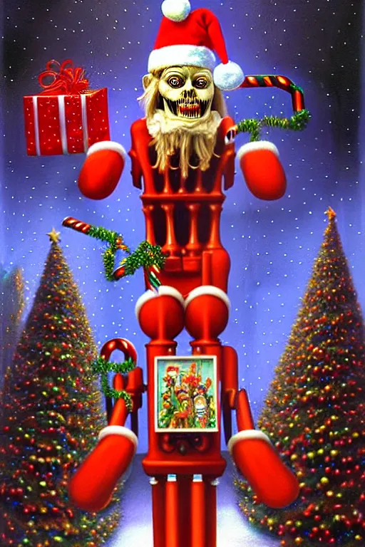 Image similar to a hyperrealistic painting of a 3 d christmas nightmare giant mechanical nutcracker, cinematic horror by chris cunningham, lisa frank, richard corben, highly detailed, vivid color,