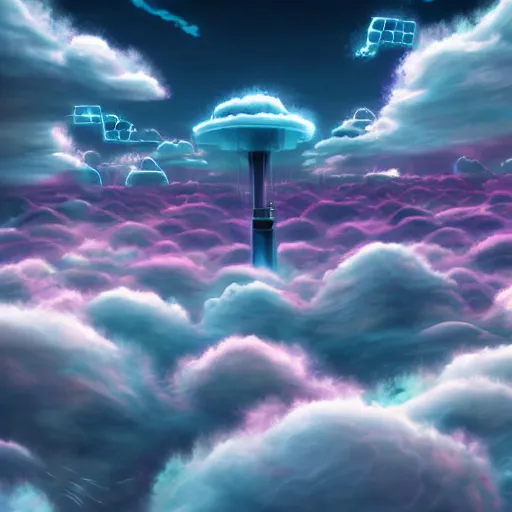 Image similar to this is a beautiful surreal scenery artwork from pixiv. it includes gigantic living inside network of cloud computing material, cloud buildings with internal computer infinites. god lighting, rays, sublimely cold color palette. insanely detailed, artstation!! pixiv!! infinitely detailed