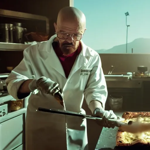 Image similar to walter white making pizza!!! margherita! with a blowtorch!! in the desert, dramatic lighting, still from breaking bad