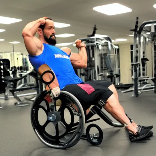 Image similar to pablo echenique robba as a bodybuilder in a gym lifting weights sitting in his wheelchair