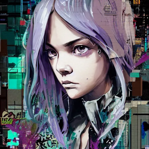 Prompt: highly detailed portrait of a moody post-cyberpunk young lady with a wavy blonde hair, by Dustin Nguyen, Akihiko Yoshida, Greg Tocchini, Greg Rutkowski, Cliff Chiang, 4k resolution, nier inspired, graffiti inspired, tessa thompson inspired, vibrant but dreary but upflifting purple, black and white color scheme!!! ((Graffiti tag brick wall background))