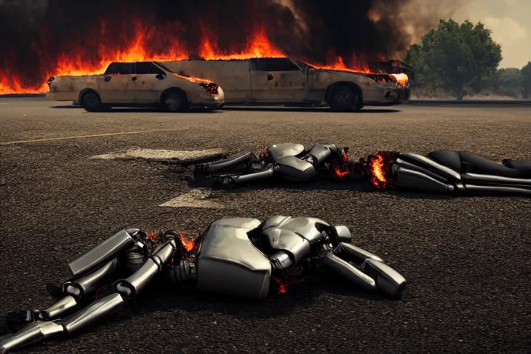 Image similar to vfx film closeup, dead robot couple on the ground holding hands, city street tire tracks fire. flat color profile low - key lighting award winning photography arri alexa cinematography, hyper real photorealistic cinematic atmospheric cool colorgrade