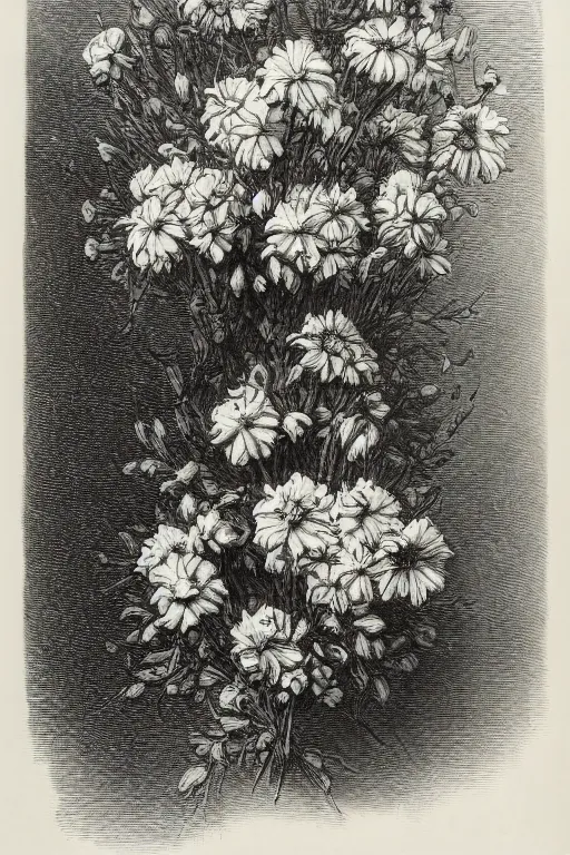 Image similar to black and white, close-up flower bouquet, Gustave Dore lithography