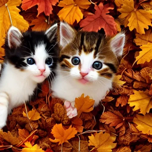 Prompt: adorable kittens sitting in a pile of autumn leaves