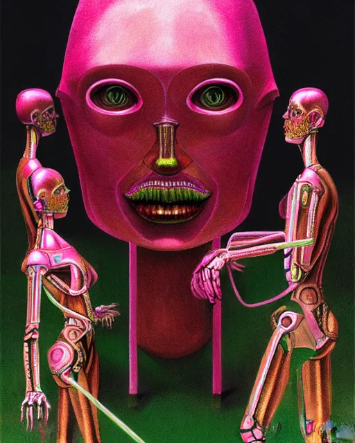 Image similar to hyperrealistic hyperdetailed byzantine mechanical iridescent pink humanoids performing concept art santiago caruso de chirico sharp very dramatic green light 8k low angle shallow depth of field