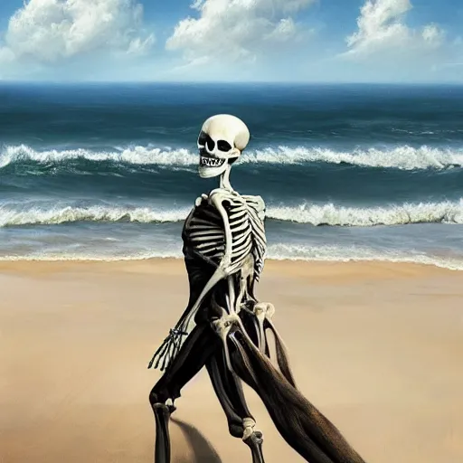 Image similar to Professional painting of anatomically correct skeleton walking along the beach, big highly detailed nuclear bomb explosion in the background, trending on Artstation, realistic, ultra detail, by Greg Rutkowski