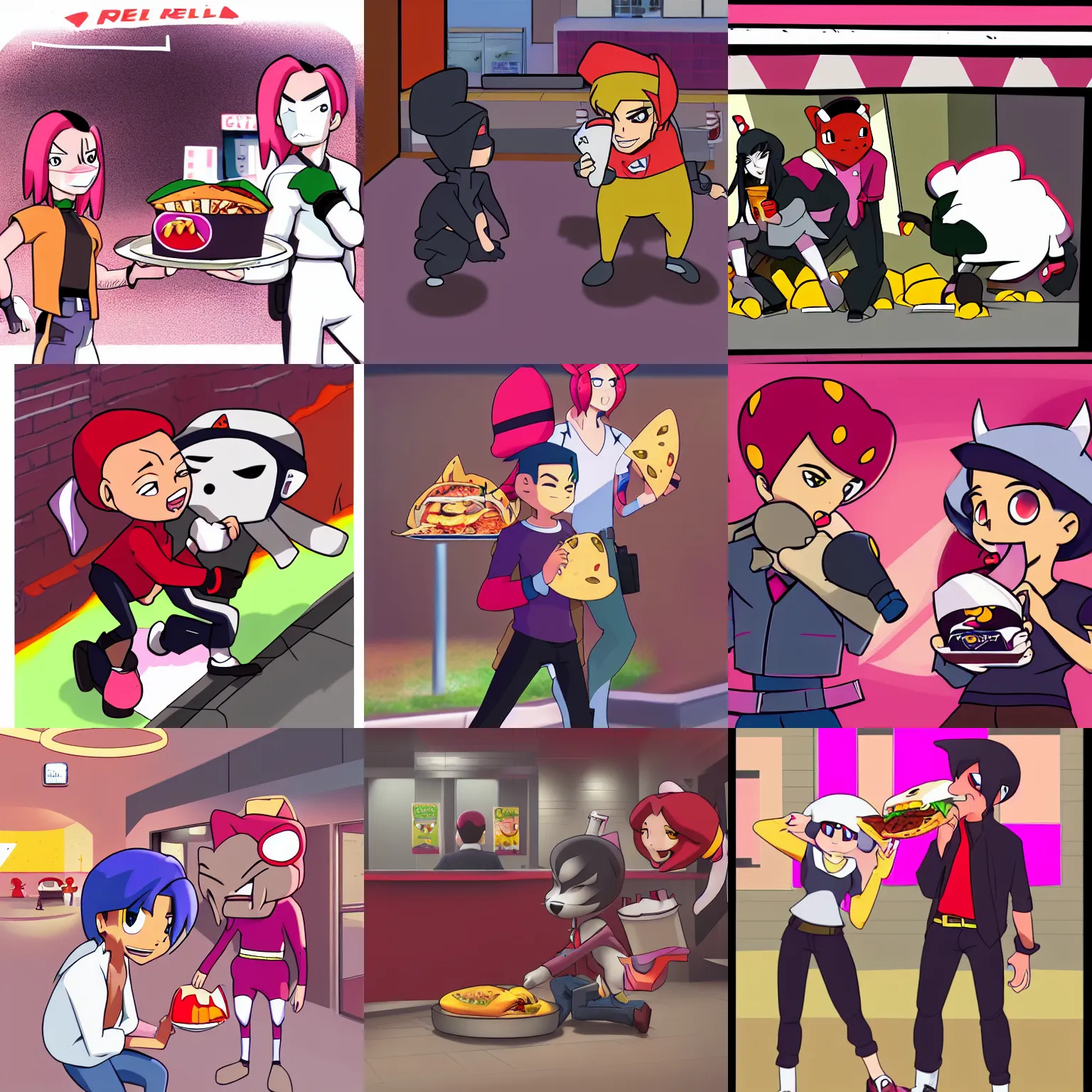 Prompt: security camera footage of Jessie and James from team rocket Robbing a taco bell, anime, artstation