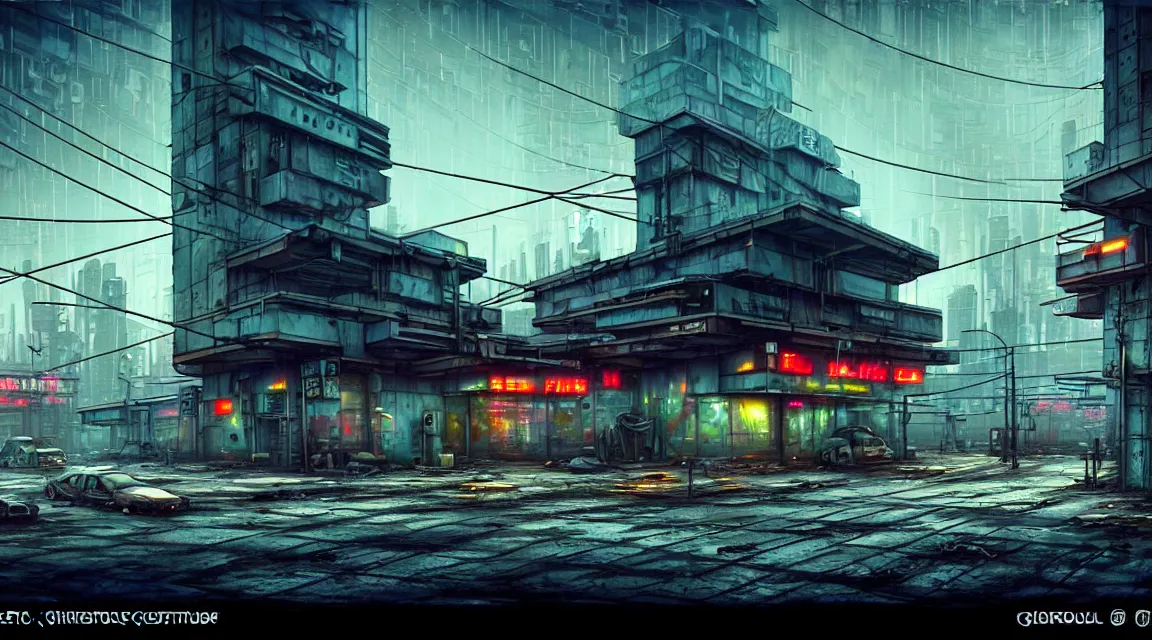 Image similar to post apocalyptic cyberpunk police station, building, avenue, urban architecture, americana architecture, concrete architecture, cloudy sky, paved roads, in the style of guido borelli, trending on artstation, photorealistic, wild vegetation, utopian, futuristic, blade runner, vivid colors scheme, neon signs, sharp, clear, focus