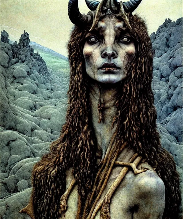 Image similar to A detailed horned goatwoman stands among the hills. Wearing a ripped mantle, robe. Perfect faces, extremely high details, realistic, fantasy art, solo, masterpiece, art by Zdzisław Beksiński, Arthur Rackham, Dariusz Zawadzki