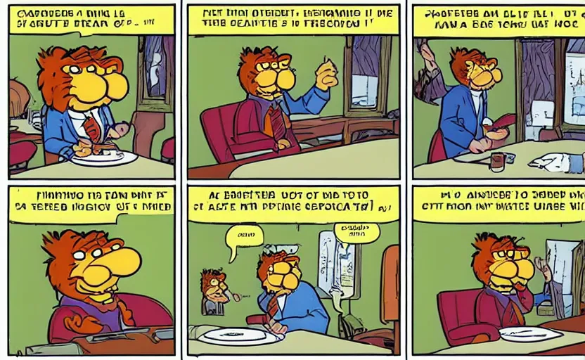 Image similar to a 3 panel Garfield comic. The first panel is Garfield sitting at a table with a speech bubble saying “There’s nothing happening”. The second panel is Jon Arbuckle talking to Garfield at the table with a speech bubble saying “I finally got the wildfire in my sock drawer under control!”. The third panel is Garfield at the table with a speech bubble saying “Out of the ordinary, I mean.”