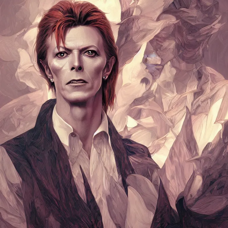 Image similar to portrait of David Bowie, fantasy, intricate, elegant, highly detailed, digital painting, artstation, concept art, smooth, sharp focus, illustration, art by artgerm and greg rutkowski and alphonse mucha