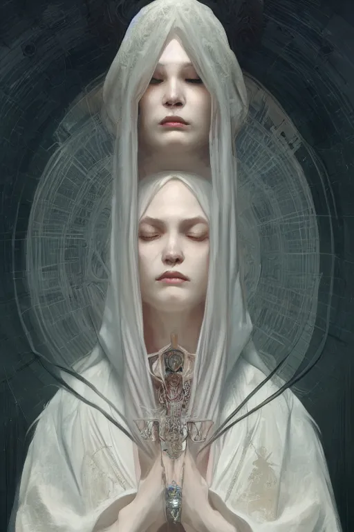 Image similar to pale priestess of the sacral moon full body portrait highly detailed, digital painting, artstation, concept art, smooth and sharp focus, illustration, art by tian zi and wlop and alphonse mucha