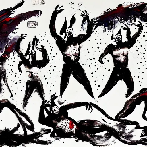 Image similar to emotional movement of muscle panthers, hell creatures, ink painting, in style of thawan duchanee, high quality,