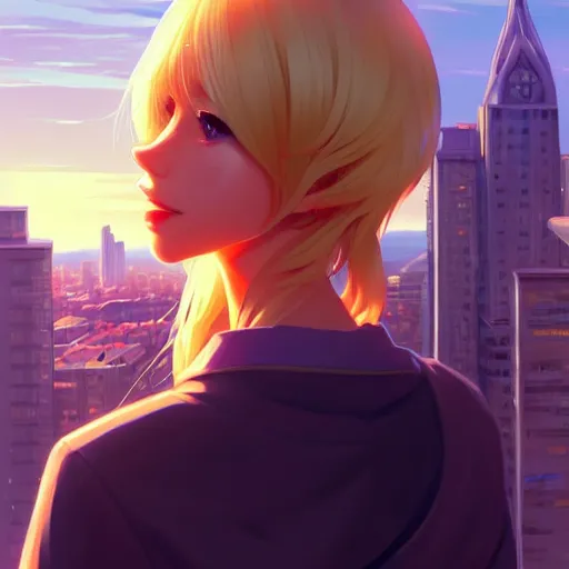 Image similar to a beautiful blond girl, city background, intricate, highly detailed, digital painting, artstation, official media, anime key visual, concept art, rich vivid colors, ambient lighting, sharp focus, illustration, art by Artgerm, Makoto Shinkai, Ilya Kuvshinov, Lois Van Baarle, and Rossdraws