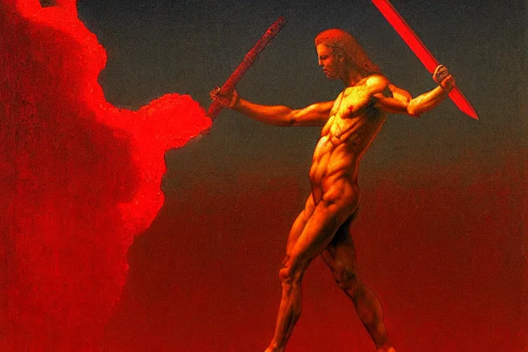 Image similar to only with red, a red melted apollo with a laurel wreath and a flaming sword announce the win, atene in the background, in the style of beksinski, part by hopper, part by rodcenko, part by hofbauer, intricate composition, red by caravaggio, insanely quality, highly detailed, masterpiece, red light, artstation