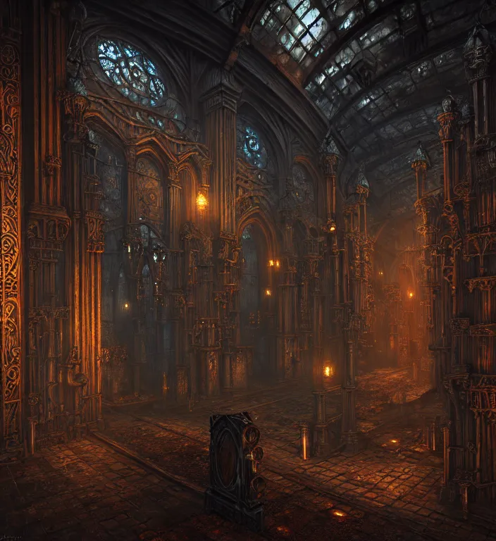 Image similar to steam necropolis, memento mori, gothic, neo - gothic, art nouveau, hyperdetailed copper patina medieval icon, stefan morrell, philippe druillet, ralph mcquarrie, concept art, steampunk, unreal engine, detailed intricate environment, octane render, moody atmospherics, volumetric lighting, ultrasharp, ominous, otherworldly