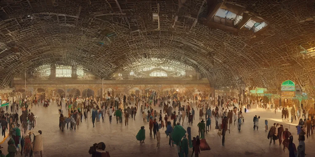 Image similar to cinematic movie scene, establishing shot, precise architectural rendering, interior of british era india railway station, bustling with people and, emerald, crystalline, detailed illustration, sharp focus, concept art, unreal engine, octane render, god rays, aesthetic