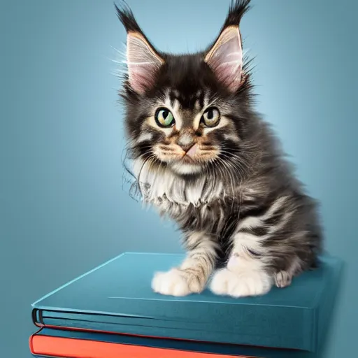 Image similar to a super cute maine coon kitten ate my homework and got smart, hilarious, funny, back to school comedy, digital art, 3 d, ue 5, 8 k, 4 k, hdr, cinematic movie still.