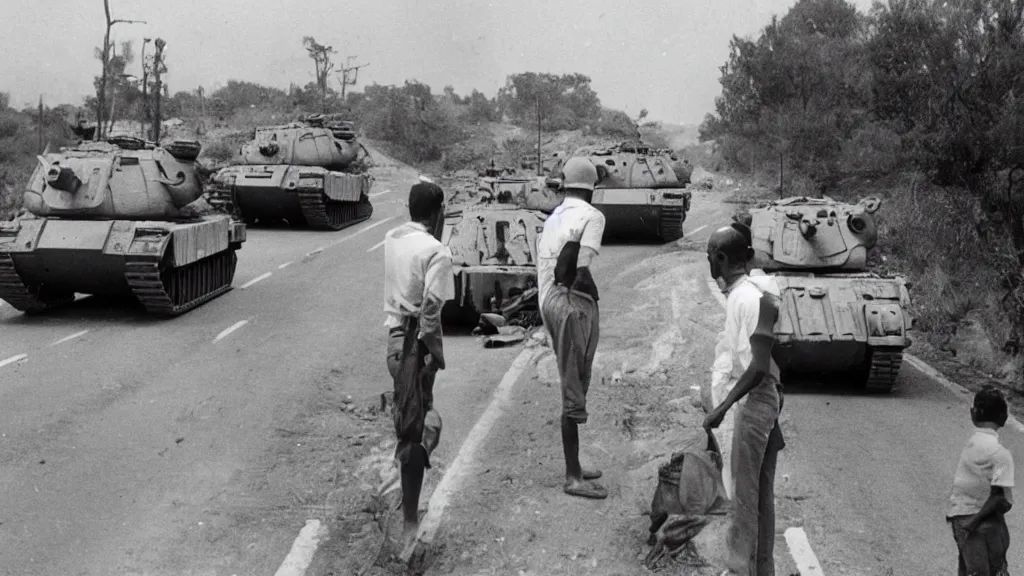 Prompt: old historic photograph with person in white shirt, holding grocery bags, standing alone on the road facing four battle tanks approaching him, intense photo