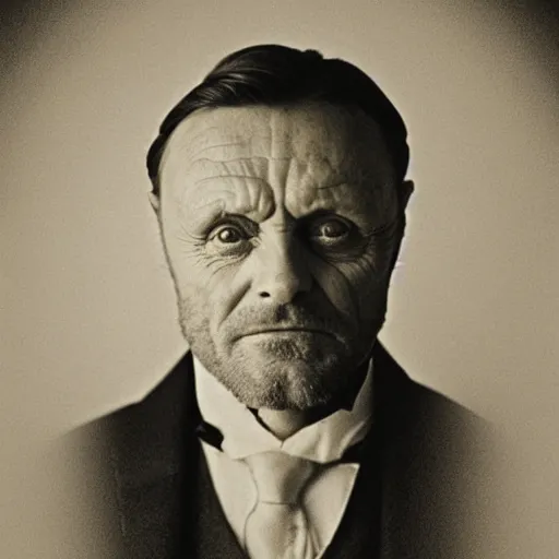 Prompt: headshot edwardian photograph of anthony hopkins, mads mikkelsen, bryan cranston, terrifying, scariest looking man alive, 1 8 9 0 s, london gang member, intimidating, tough, realistic face, peaky blinders, 1 9 0 0 s photography, 1 9 0 0 s, grainy, slightly blurry, victorian