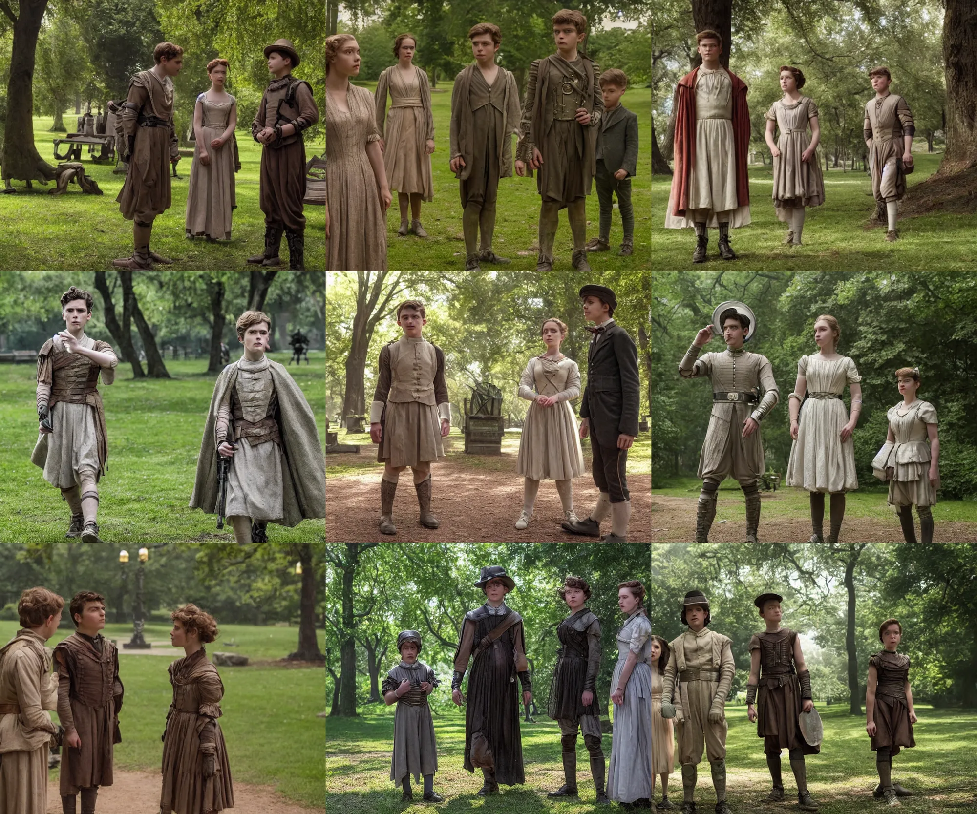 Prompt: sharp, highly detailed, film from a 2 0 1 9 sci fi 8 k movie, time travelers appear in a park, a boy from the roman empire and a girl from 1 8 8 0, each wearing correct era clothes, atmospheric lighting, in focus, reflective eyes, 3 5 mm macro lens, live action, nice composition
