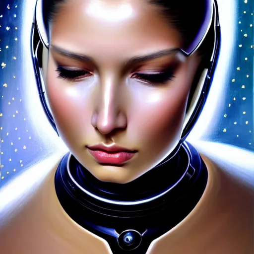 Image similar to portrait of very beautiful woman with a large obvious scar across her cheek and lips, very very beautiful, wearing futurist spacesuit space armor, Alexandria's genesis, chin-length hair, bored, illustration, soft lighting, soft details, hyper realism, high detailed, painting oil on canvas by mark arian by artgerm, trending on artstation, 4k, 8k, HD