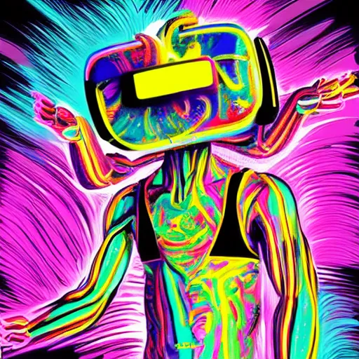 Prompt: wrestlers wearing vr headsets, vr goggles, shrugging, shrugging arms, intricate complexity, inverted neon rainbow drip paint, trending on art station, digital illustration by matthew skiff