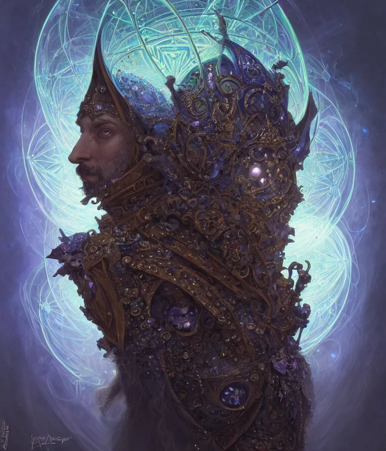 Image similar to front shot of a court jester character, hyperdimensional, bioluminescent hypercubes, dark holography!!!, (((intricate))), elegant, highly detailed, centered, (((artstation, concept art, smooth, sharp focus, artgerm, Tomasz Alen Kopera, Peter Mohrbacher, donato giancola, Joseph Christian Leyendecker, WLOP, Boris Vallejo))), mugshot!!!!!, ugly!!!!!!, octane render, nvidia raytracing demo, octane render, nvidia raytracing demo, octane render, nvidia raytracing demo, grainy, muted, 8K, digitalblasphemy, metatron