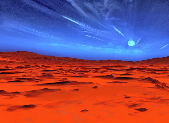 Image similar to beautiful blue sunset on Mars, detailed digital art, blue lighting