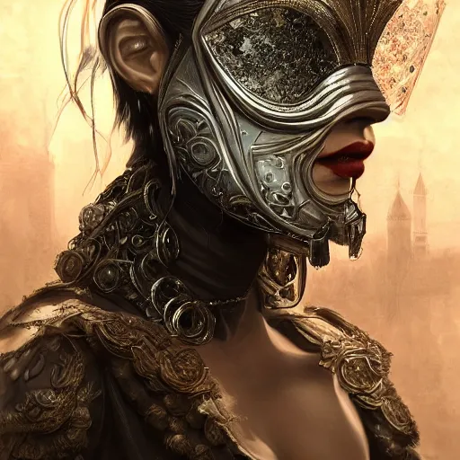 Image similar to Very very very very highly detailed epic photo of face with venetian mask, intricate, dystopian, sci-fi, extremely detailed, digital painting, artstation, concept art, smooth, sharp focus, illustration, intimidating lighting, incredible art by Artgerm and Anton Pieck