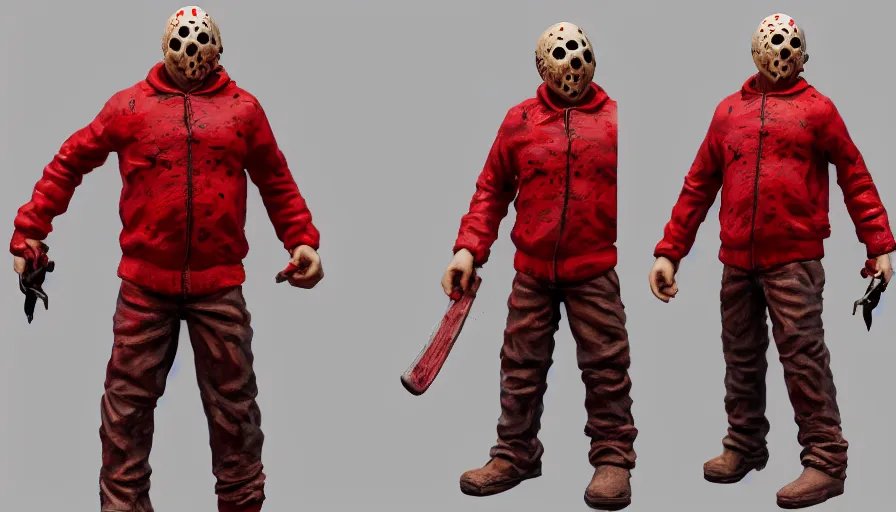 Image similar to hand painted figurine of jason voorhees in red clothes, hyperdetailed, artstation, cgsociety, 8 k