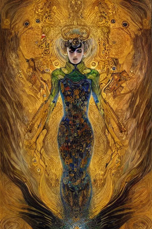 Image similar to Intermittent Chance of Chaos Muse by Karol Bak, Jean Deville, Gustav Klimt, and Vincent Van Gogh, trickster goddess, enigma, Loki's Pet Project, destiny, Poe's Angel, fate, Surreality, inspiration, muse, otherworldly, fractal structures, arcane, ornate gilded medieval icon, third eye, spirals