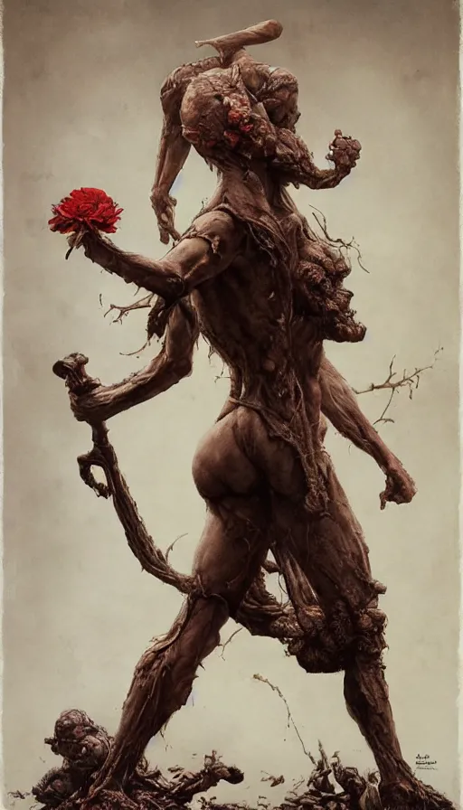 Prompt: imaginative imposing walking attacking full - body weird clay ghoul creature movie poster art humanoid hype realistic statue concept art by norman rockwell weta studio tom bagshaw james jean frank frazetta, flowers, reference sheet