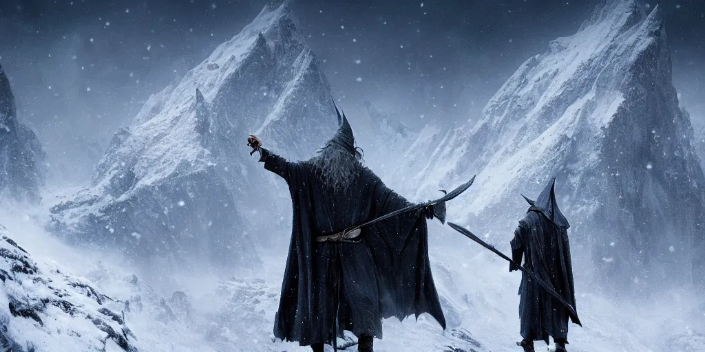 Image similar to a powerful wizard, gandalf in lord of the rings, casting a spell on a snowy mountain top, greg rutkowski, 8 k, shallow depth of field, intricate detail, concept art,