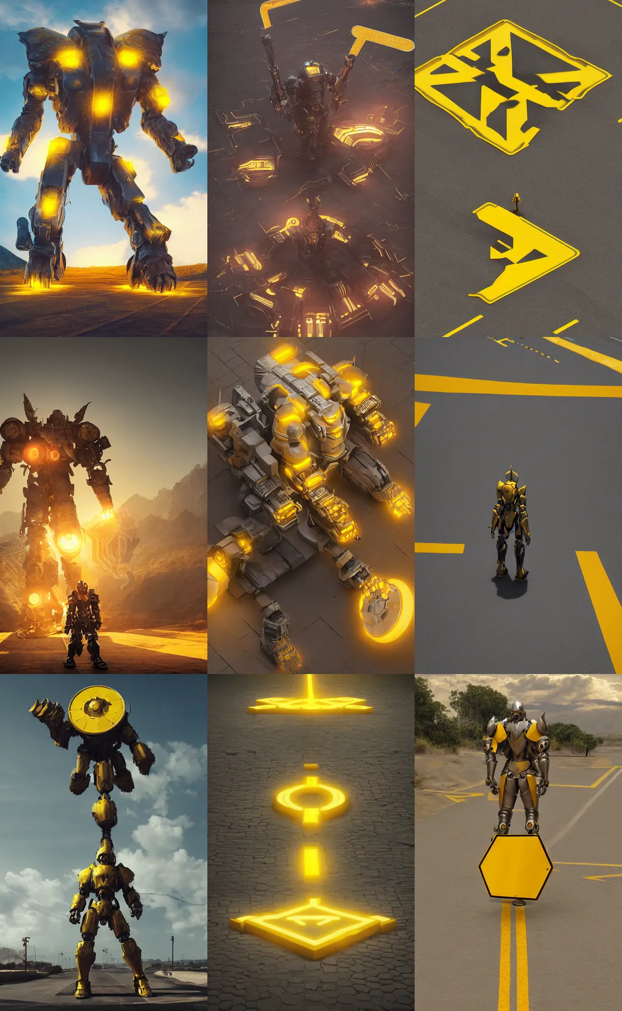 Prompt: giant yellow road sign armor gladiator, character design trending on artstation, mecha, unreal engine 5, octane render, dramatic lighting