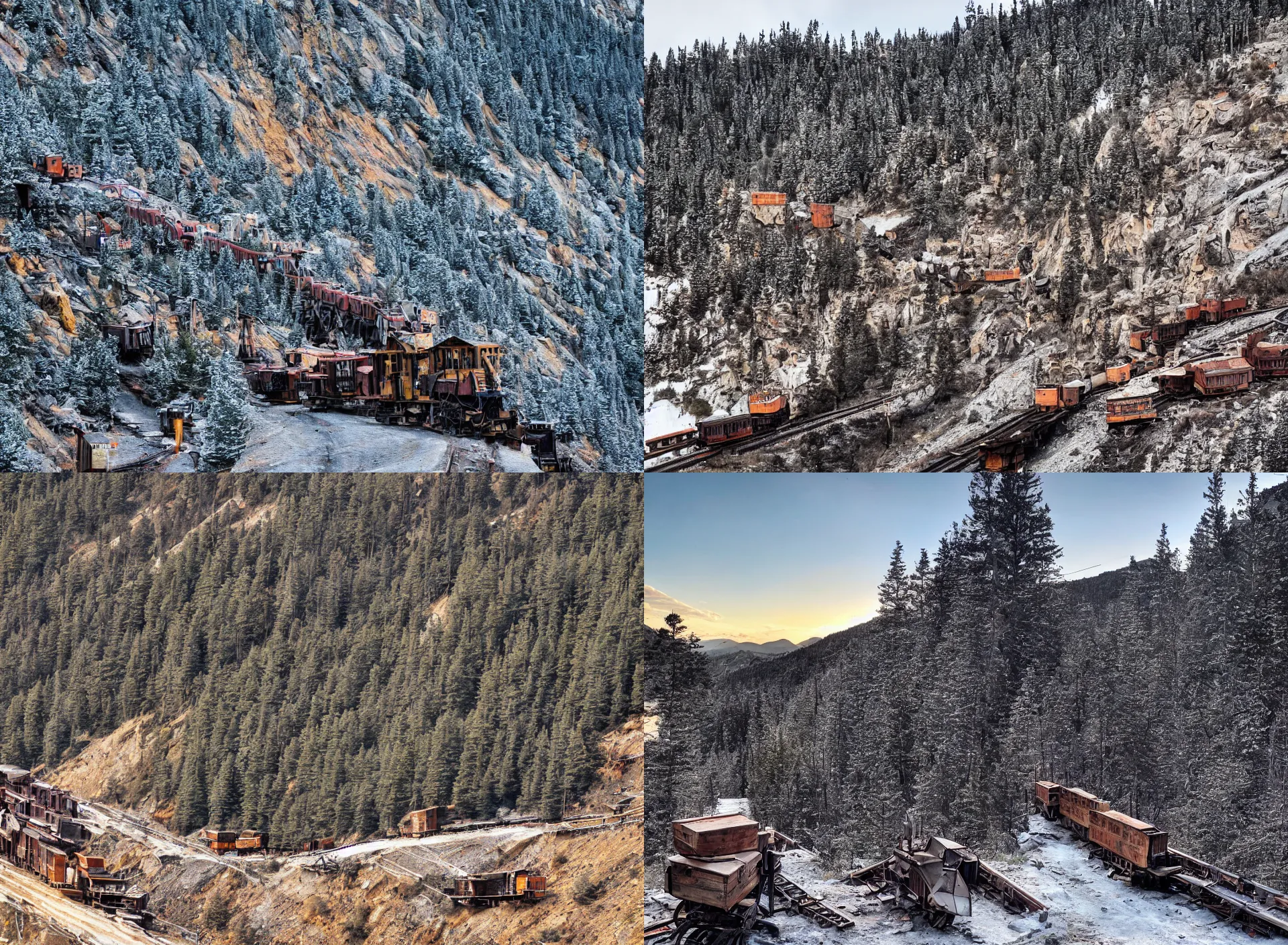 Prompt: miners sitting in a mountain pass, a mine cart sits on tracks behind them, steep cliffs, dusting of snow, pine forest, rail tracks, mine cart golden hour