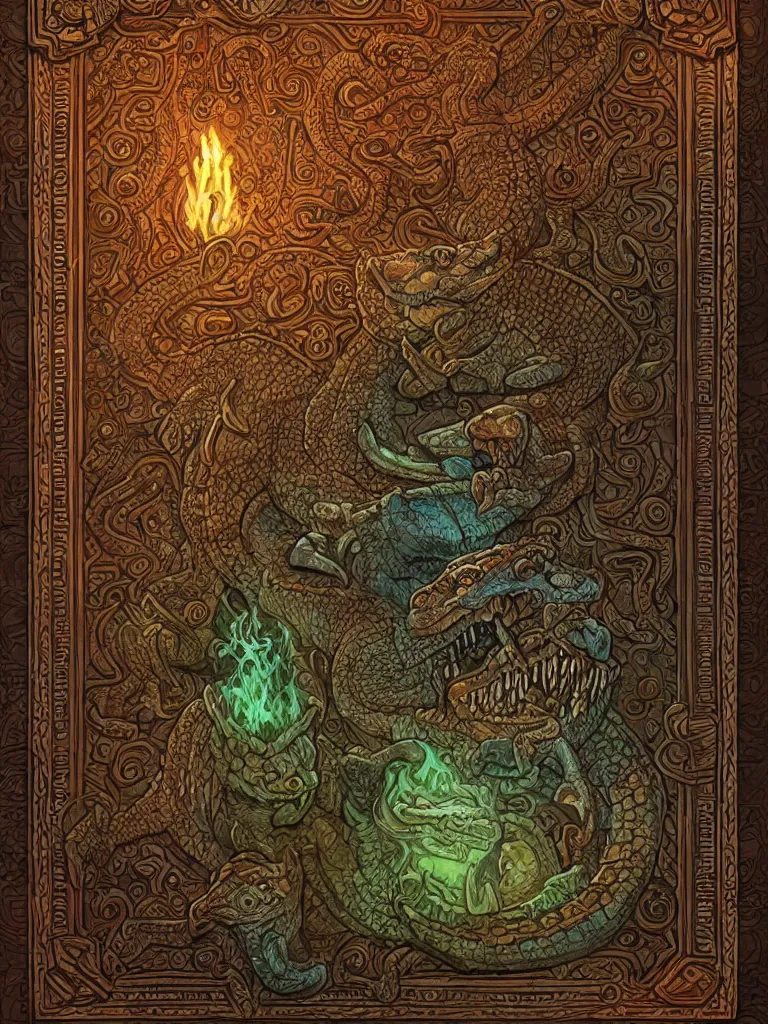 Prompt: mayan book decorative border frame, crocodile illuminations, d & d, fantasy, intricate, elegant, highly detailed, digital painting, artstation, illustration, hearthstone