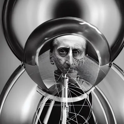Image similar to close-up portrait of Marcel Duchamp working on a futuristic machine, long exposure, minimal composition, packshot, archival pigment print
