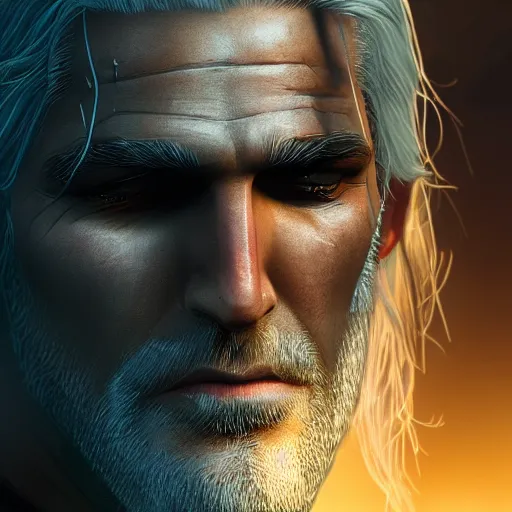 Prompt: epic digital matte paining of Geralt of Rivia by Jama Jurabaev, closeup, extremely detailed, artstation