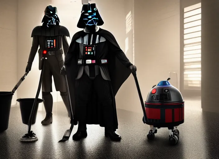 Image similar to film still of Darth Vader working as a janitor in the new Star Wars movie, 4k