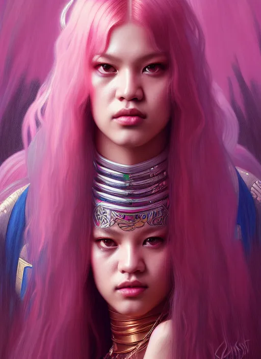 Image similar to jossi of blackpink, queen, tarot card, highly detailed, digital painting, smooth, sharp focus, illustration, ultra realistic, unreal engine, 8 k, art by simon bisley and greg rutkowski and alphonse mucha