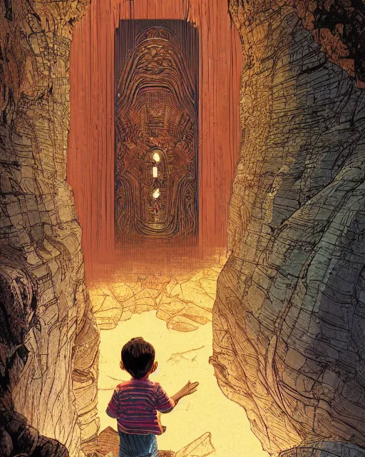 Image similar to a young boy opening a giant wooden door with archaic symbols embedded onto it, in a cave by the water, digital art, illustrated by james gurney and victo ngai