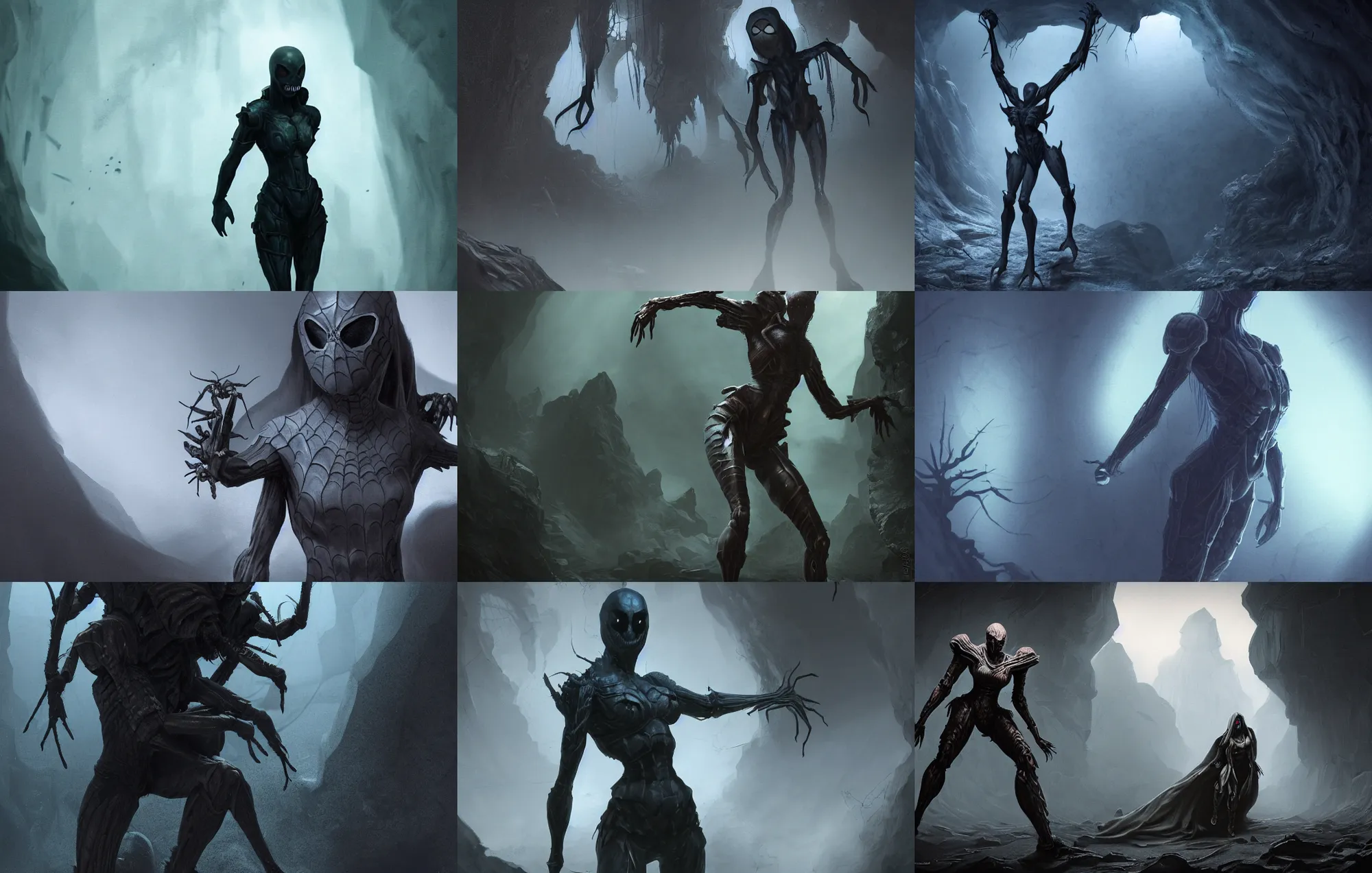 Prompt: creepy matte painting of an armored woman with spider legs in a dark cave, human arms, ultra detailed, monster, half human half spider, human torso and head, human face, creature design, concept art, dnd, dndbeyond, d & d, 8 k, moody lighting, muted colors, blue tone light, dramatic lighting realistically proportioned body