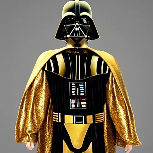 Image similar to A still of a golden Darth Vader suit, studio image,