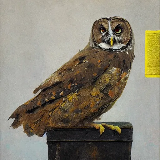 Image similar to obese physique feathered round beak Portrait of Henry James camouflaged as Owl whilst wearing a yellow tuxedo Standing atop a Garbage Truck Greg Rutkowski Vik Muniz clarence holbrook carter Andrew Wyeth Dan Witz